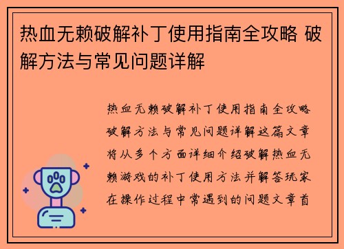 热血无赖破解补丁使用指南全攻略 破解方法与常见问题详解